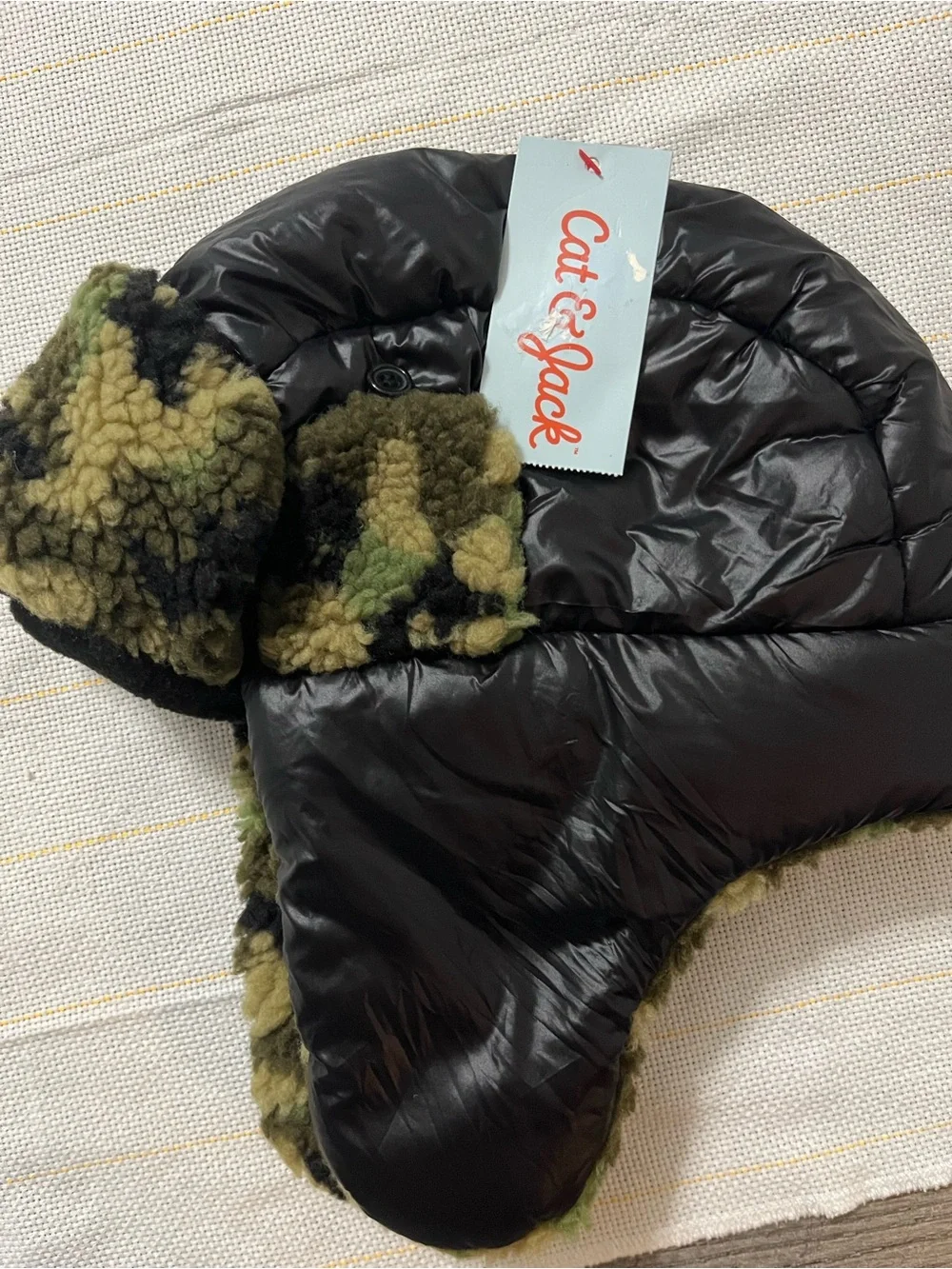 Cat & Jack Black Quilted Trapper Hat with Green Camo Faux Fur